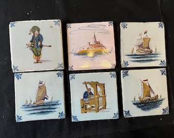 Colección de 6 azulejos antiguos holandeses de Delft Makkum