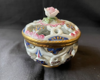 Antique German Porcelain Flower Encrusted Pot Pourri box , Rare