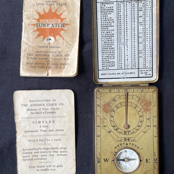 Rare Antique 1922 ' pocket ' Ansonia clock co sunwatch - Compass - Sundial Tin