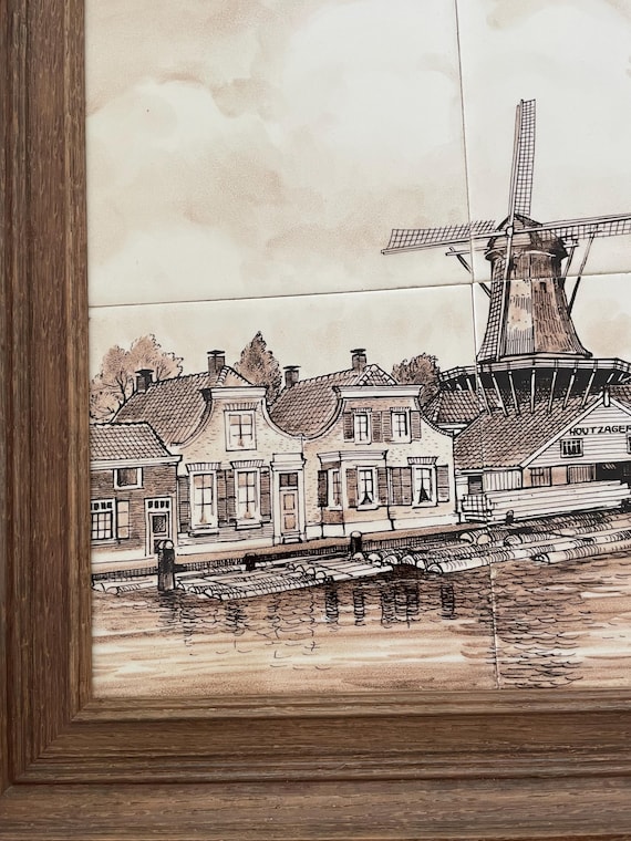 アンティークのデルフトオランダ額入りタイルタブロー、典型的な