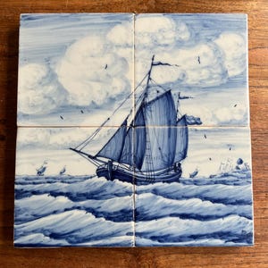 antique vintage dutch Delft framed handpainted  tile tableau nautic scene. Signed