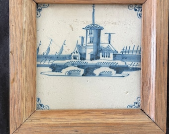 antique 18th c. Dutch  Delft blue Tile, dutch landscape  . framed