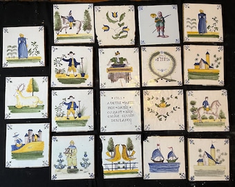 Colección de 19 azulejos antiguos holandeses de Delft, policromados, siglos XVII-XVIII