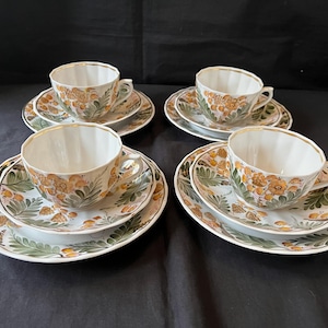 Antique  set 4 cup saucer + cake  Gardner Verbilki Russian Empire Porcelain .
