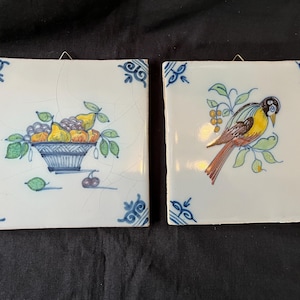 Antique set of 2 Dutch Delft Makkum polychrome  Tile