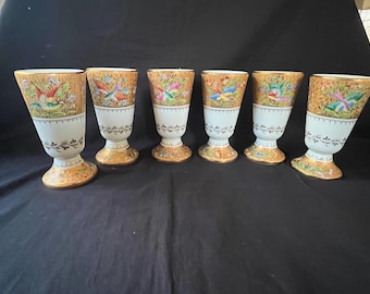 ル・タレック 黄金のカップ 鳥と蝶々の絵 6個セット 磁器 手描き