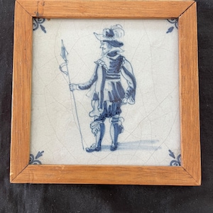 antique 18th c. Delft blue Tile, Soldier . framed