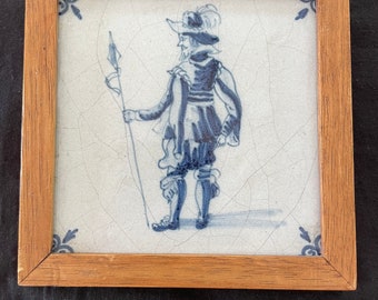 antique 18th c. Delft blue Tile, Soldier . framed