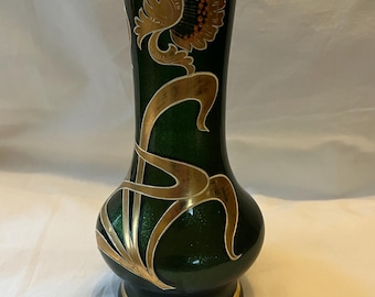 Antique Harrach Glass Vase, Art Nouveau Enamel, Gold Plated, Bohemia Circa 1900