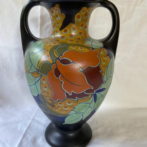 antique dutch Gouda pottery vase. Approx 1920. Several marks. decor Lotus