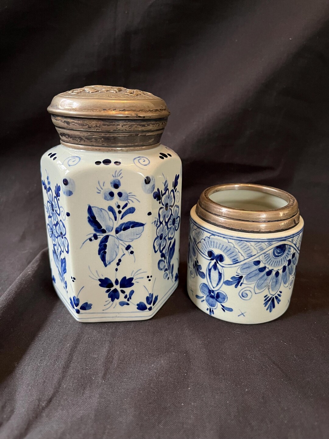 Antique Dutch Delft Ceramic Tea Caddy Silverplated Lid. and Spoon Vase ...