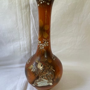 antique japanese sutsuma pottery handpainted vase with figurines . Signed bottom