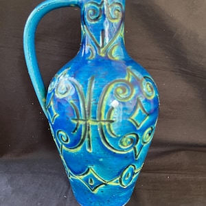 Rare XL Mid Century Italian Artist Aldo Londi Rimini Blu Pitcher Bitossi - 12 In