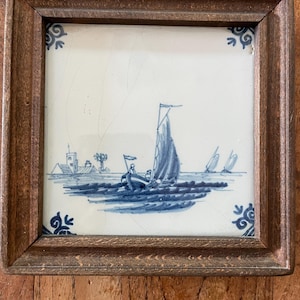 Framed  antique delft makkum blue and white tile :  sailboat scene