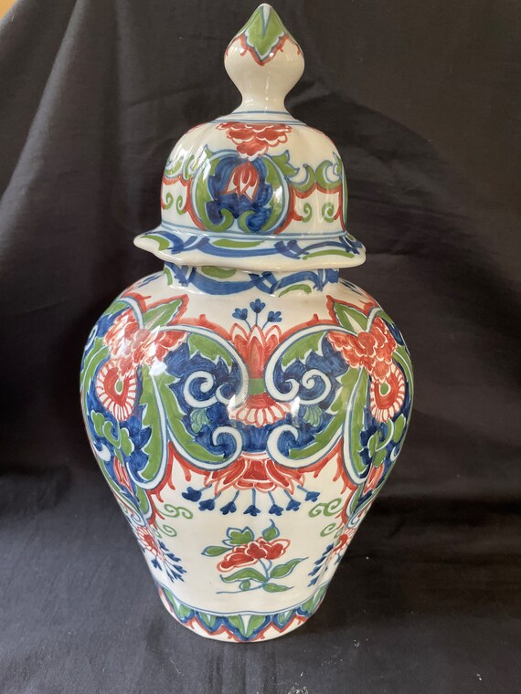 Antique Dutch Makkum Ceramic Lidded Vase . Marked Bottom and Antique Dutch Makkum Ceramic Lidded Vase . Marked Bottom and
