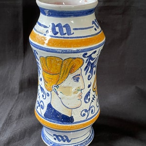 antique italy ceramic albarello - pharmacy jar . Signed