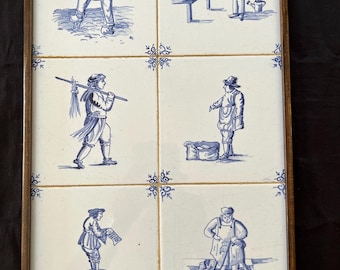 Juego de 6 azulejos antiguos holandeses de Delft enmarcados. Países Bajos. Diversos temas.