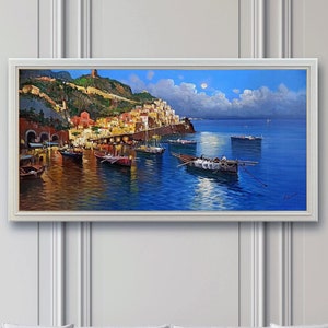 Amalfi painting impressionist &quot;Moonlight on the village&quot; original by Vincenzo Somma Italian painter Italy home decor wall art
