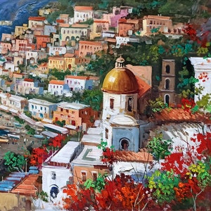 Positano painting,Italian painter, &quot;Flowering on the coast&quot; original canvas, painter Vincenzo Somma, Italian wall home decor,Italy seaside