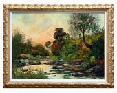 Old painting quot Sunset on the stream quot original Italian painting palette knife baroque gold frame signed F.Galleni Italy handmade artwork