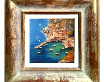 Amalfi panorama painting Italian seaside original oil canvas artwork painter De Meglio Southern Italy home decor wall art handmade frame