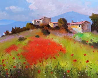 トスカーナの風景油絵 イタリア トスカーナの芸術 厚塗り絵画 田舎の家