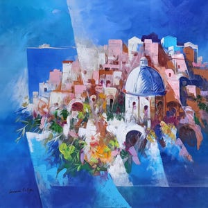 Amalfitan painting,abstract dream Italian painter Leonardo De Meglio, &quot;The town in blue&quot;,Italy painting decor,original canvas artwork