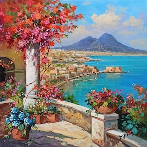 May include: Oil painting of a coastal Italian landscape. A balcony with flower pots and vibrant blooms overlooks a town, the sea, and a mountain. The sky is blue with fluffy white clouds. The artwork is signed.