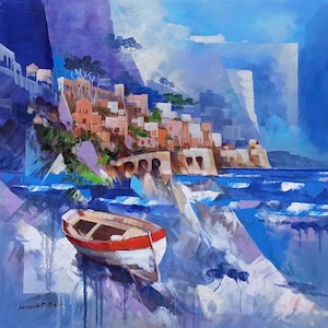 Amalfitan painting,abstract dream Italian painter Leonardo De Meglio, &quot;One day on the beach&quot;,Italy painting decor,original canvas artwork