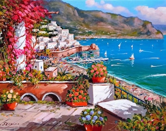 May include: Oil painting of a coastal Italian town with white buildings, a harbor, and sailboats on the turquoise sea. The foreground features a terrace with potted flowers and a trellis covered in pink blossoms. A vibrant landscape.