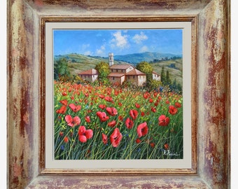 Tuscany painting original "Red wildflowers" oil by R.Pacini  Italian painter wall home decor Italy Toscana landscape