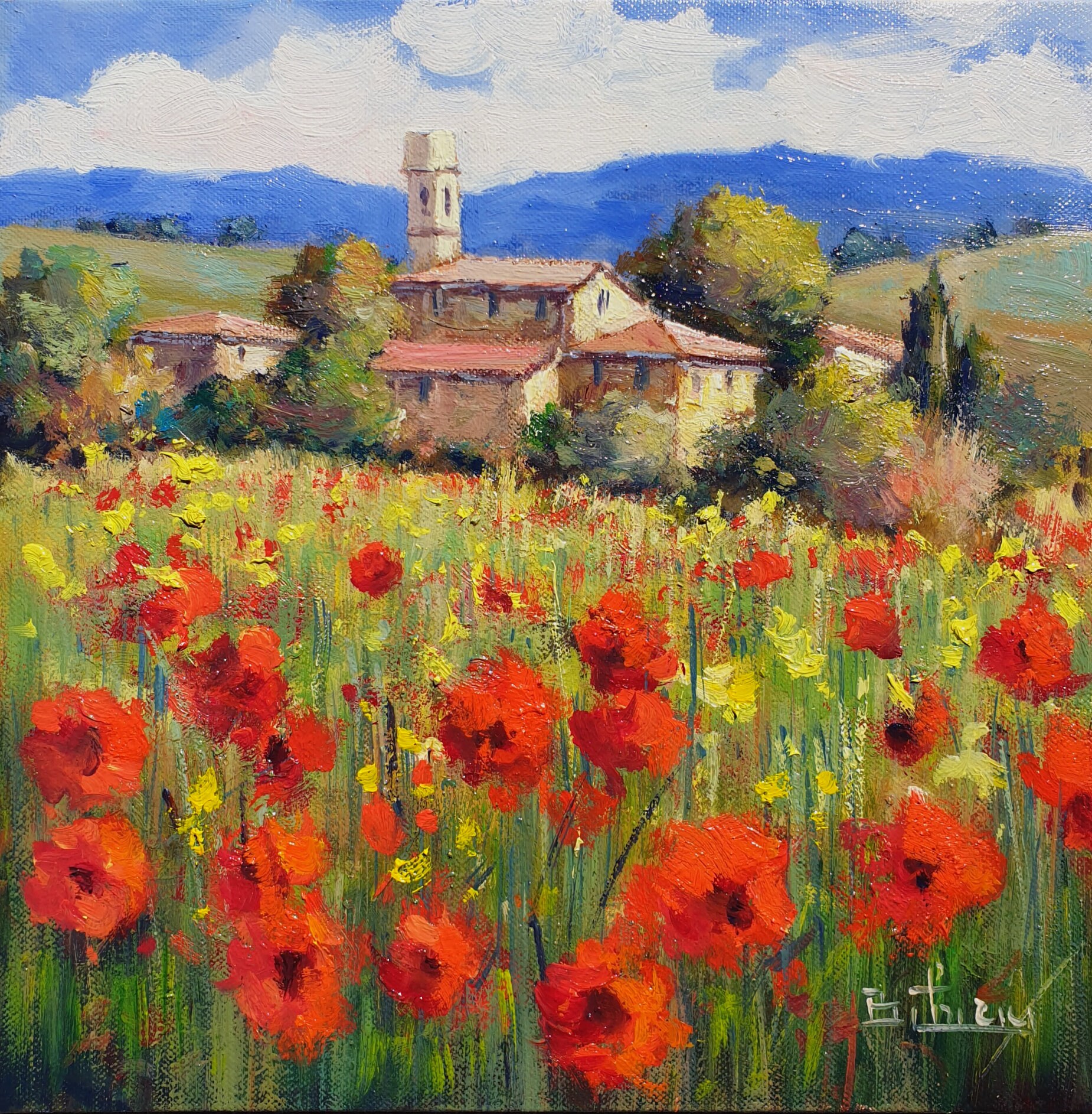 Tuscany painting canvas Flowers field landscape Etsy