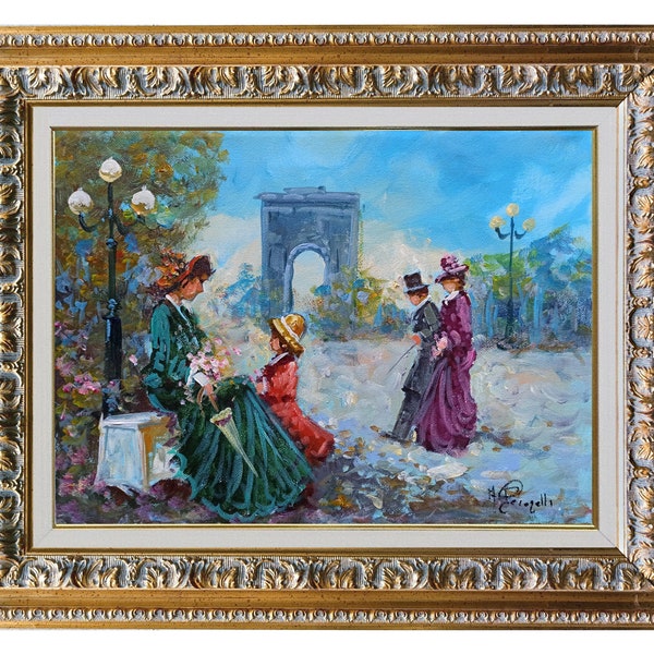Tableau français ancien Belle Epoque "A l'Arc de Triomphe Paris" toile originale peintre Antonio Pecorelli France figures femmes