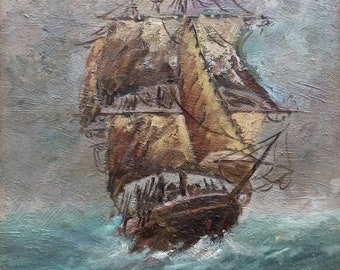 Old painting "Sailing ship in the storm" vertical vintage sea artwork painter Gino Guidi 1914 original Italian painter home decor