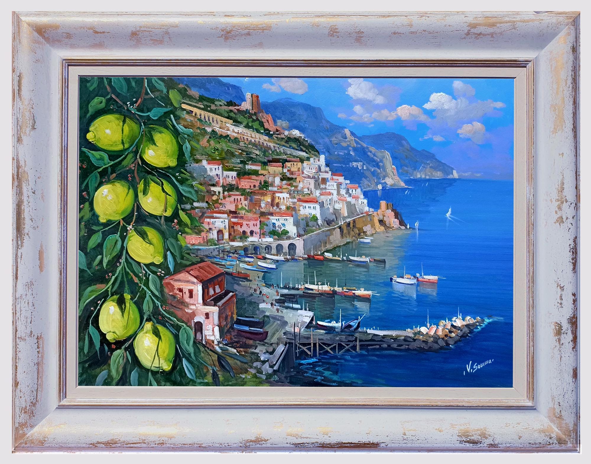Amalfi painting,FRAMED "Lemons on the coast", original impressionist artwork, painter Vincenzo Somma southern Italy, Amalfitan seaside coast