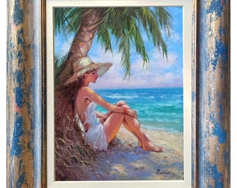 海辺の少女の油彩画 海辺の女性 油絵 ビーチで夢見る少女 アート風景画 キャンバス 彼女の