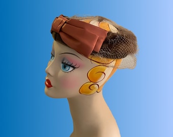 Vintage 50s Brown Fur Halo Hat with Veil and Caramel Satin Bow