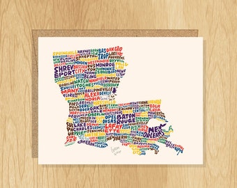 Hand-Lettered Louisiana Card, Louisiana Gift, Louisiana Shape, Louisiana Cities Card, Louisiana Notecard, Louisiana Art, Louisiana Design