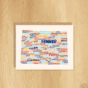 Hand-Lettered Colorado Card, Colorado Gift, Colorado Shape, Colorado Cities Card, Colorado Notecard, Colorado Design, Colorado Art
