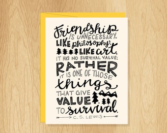 Hand-Lettered Friendship Gives Value to Survival Card, Friendship Card, Friend Card, Unique Card, Thank You Card, Blank Notecard