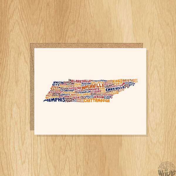 Hand-Lettered Tennesee Card, Tennessee Gift, Tennessee Shape, Tennessee Cities Card, Tennessee Notecard, Tennesee Design, Tennesee Art