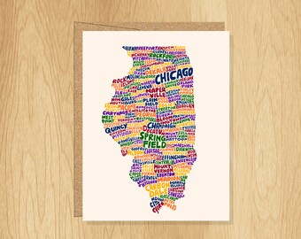 Hand-Lettered Illinois Card, Illinois Gift, Illinois Shape, Illinois Cities Card, Illinois Notecard, Illinois Design, Illinois Illustration