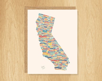 Carte California lettrée à la main, California Gift, California Cities Card, California Notecard, California Shape Card, California Art