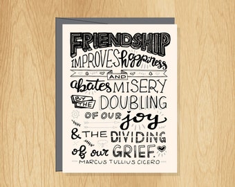 Hand-Lettered Friendship Improves Happiness Card, Friendship Card, Friend Card, Fun Card, Thank You Card, Blank Notecard