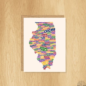 Hand-Lettered Illinois Card, Illinois Gift, Illinois Shape, Illinois Cities Card, Illinois Notecard, Illinois Design, Illinois Illustration