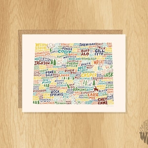 Hand-Lettered Wyoming Card, Wyoming Map Card, Wyoming Cities Card, Wyoming Notecard, Wyoming Illustration, Wyoming Art, Wyoming Map Art