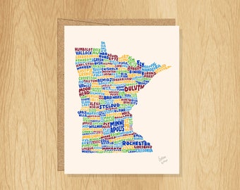 Hand-Lettered Minnesota Card, Minnesota Gift, Minnesota Shape, Minnesota Cities Card, Minnesota Notecard, Minnesota Design, Minnesota Art