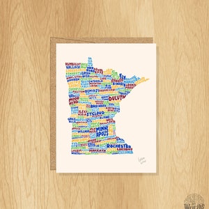 Hand-Lettered Minnesota Card, Minnesota Gift, Minnesota Shape, Minnesota Cities Card, Minnesota Notecard, Minnesota Design, Minnesota Art