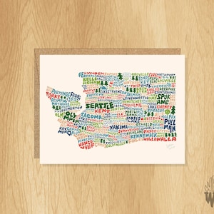 Hand-Lettered Washington Card, Washington Gift, Washington Shape, Washington Cities Card, Washington Notecard, Washington Illustration Card