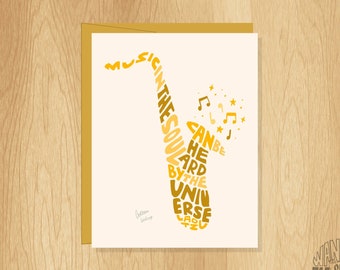 Hand-Lettered Saxophone Card, Music Lover Card, Saxophone Shape Card, Lao Tzu Quote Card, Musician Card, Music Card